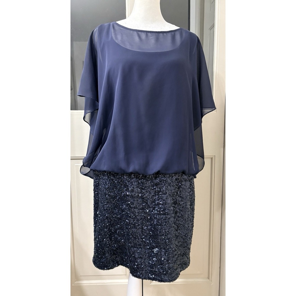 Xscape By Joanna Chin Navy Sequin Blouson Cocktail Dress Size 10 Chiffon